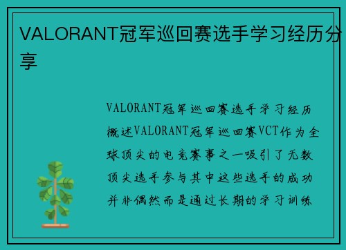 VALORANT冠军巡回赛选手学习经历分享
